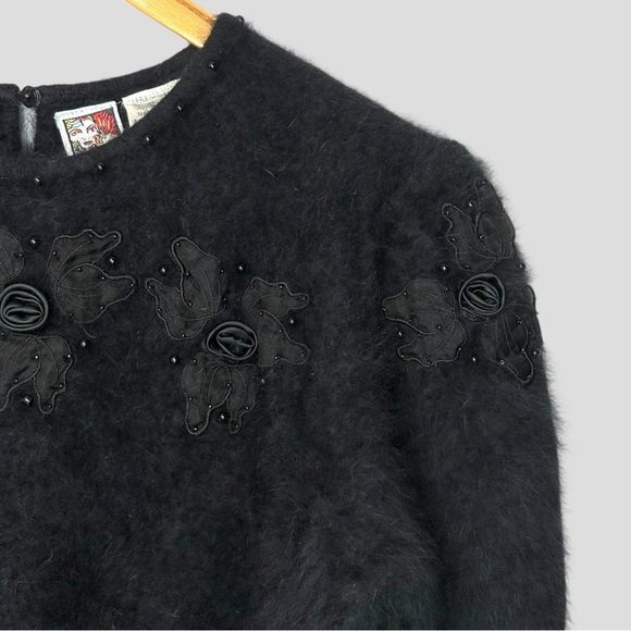 Alison H. Angora Blend Sweater Top Floral Appliqué L Black Cloud Knit Gothcore - Picture 2 of 10
